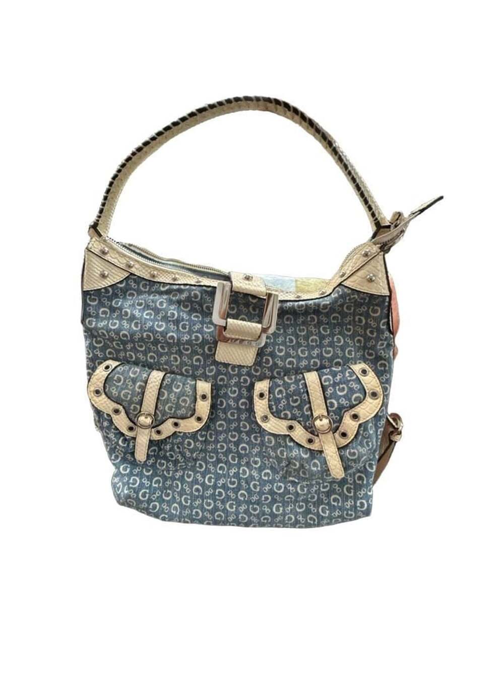 Guess Vintage Y2K Denim Monogram Shoulder Bag with Faux Snakeskin Trim